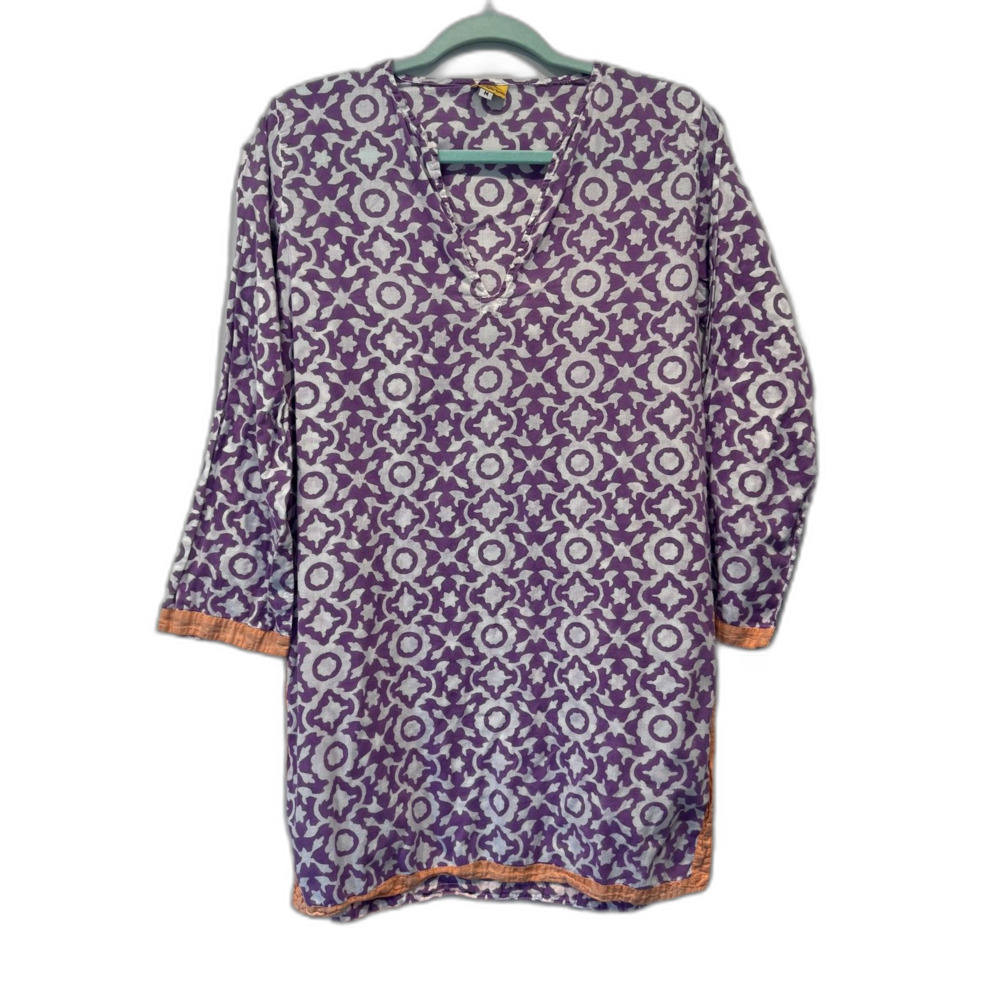 Roberta Roller Rabbit Tunic Purple Print Sheer Swim Cover Up Women sz Medium